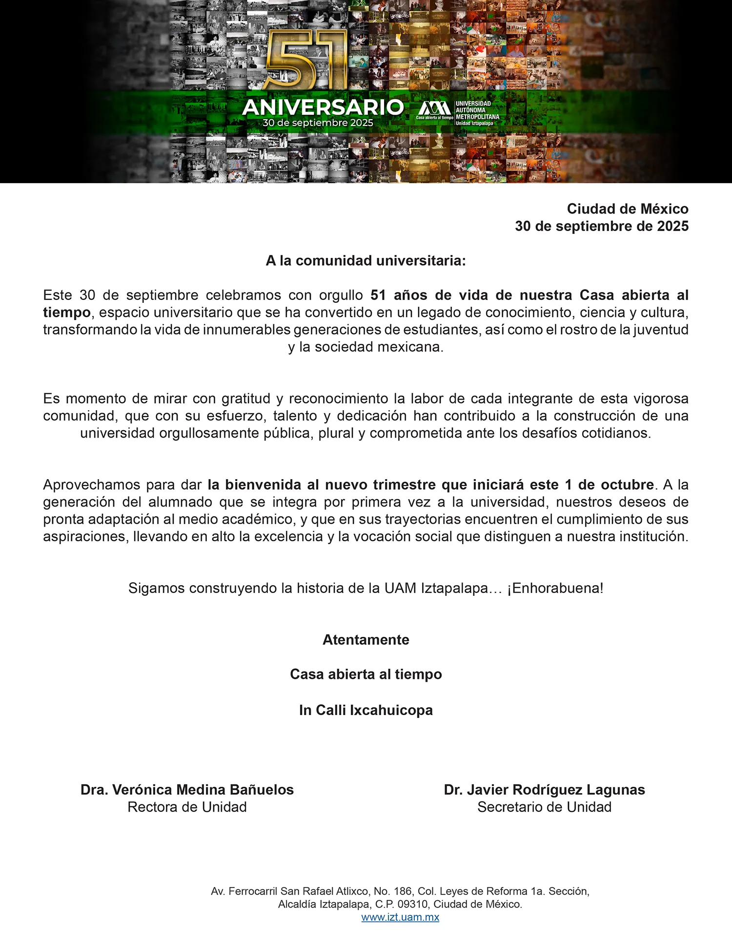 Comunicado con respecto al 51 Aniversario UAM Iztapalapa