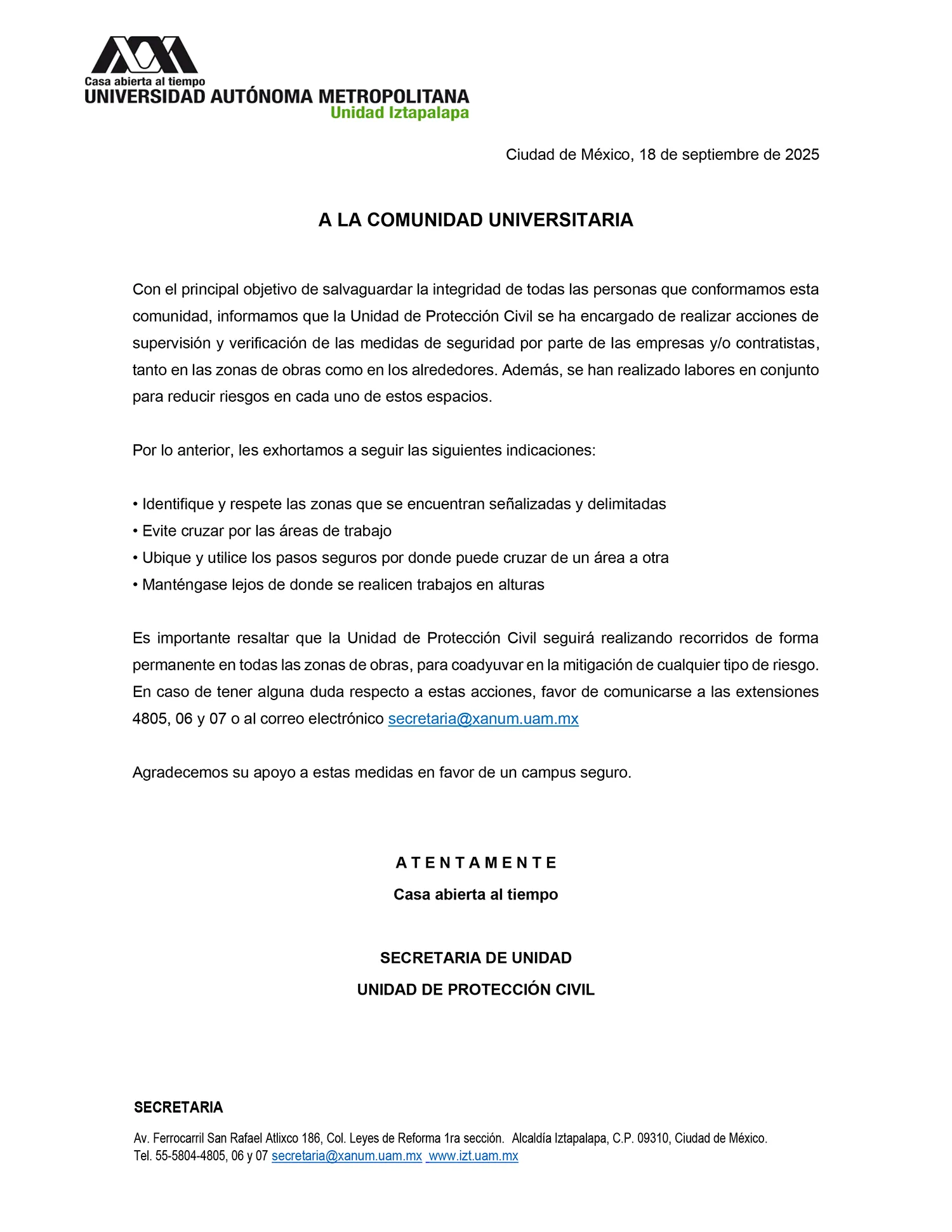 Comunicado con fecha del 18 de septiembre del 2025