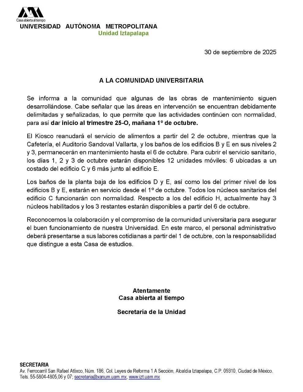 Comunicado con fecha del 30 de septiembre del 2025